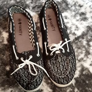 Vanity black lace silver sparkle topsiders